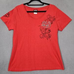 Harley-Davidson Shirt Womens XL Red V Neck Rhinestone Floral Swiss Valley Dealer